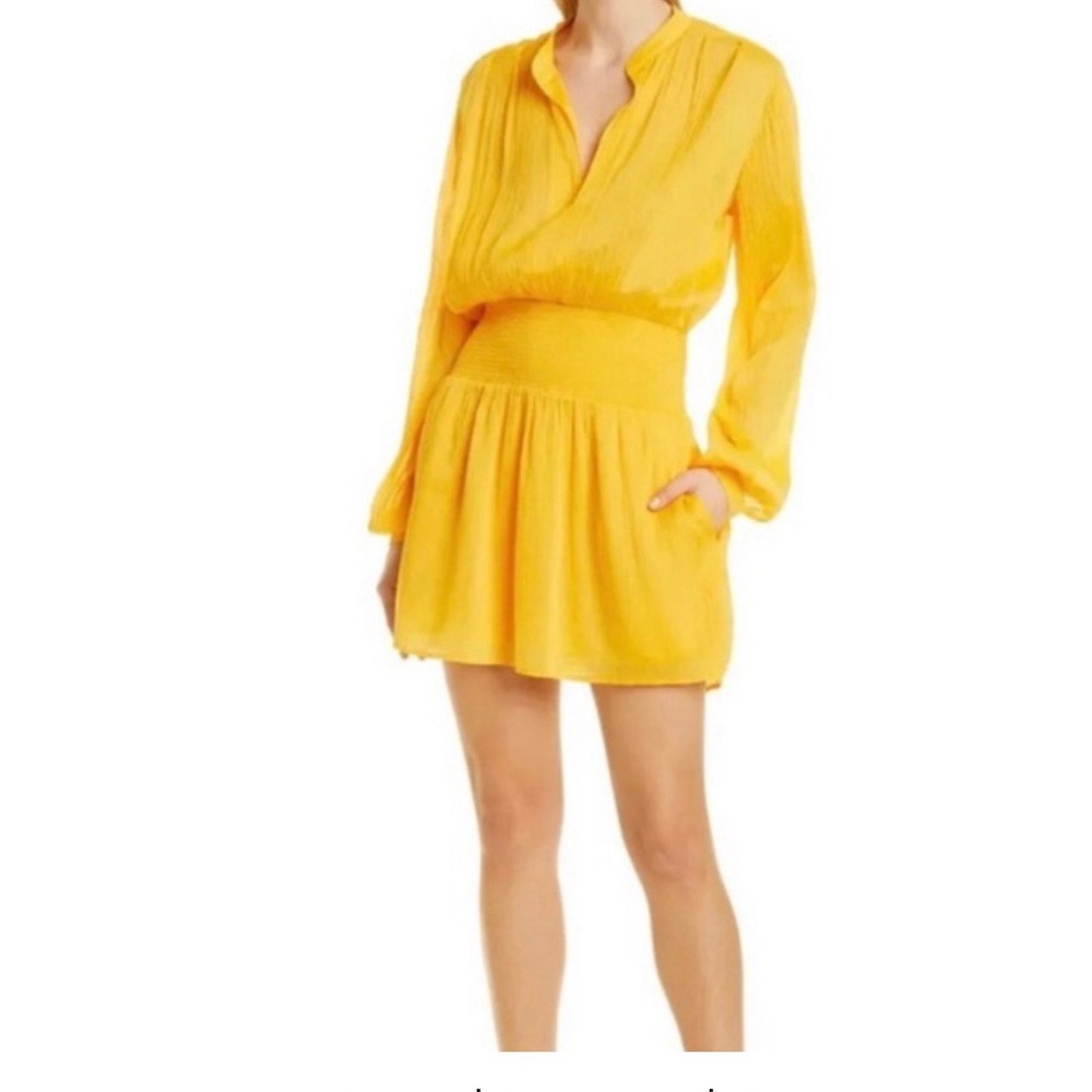 Rag & Bone Yellow Smocked Waist Mini Dress Long Sleeve Open Back Womens Size L